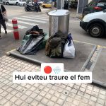 Bags of rubbish left beside a street waste bin in Dénia, with an overlay reading "Hui eviteu traure el fem" (Please do not put rubbish out today)