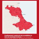 Generalitat Valenciana and 112 special notice map showing in red the municipalities of the southern Valencia coast and northern Alicante coast, including Dénia, Xàbia, Pego and Calp, under a confinement and mobility restriction order