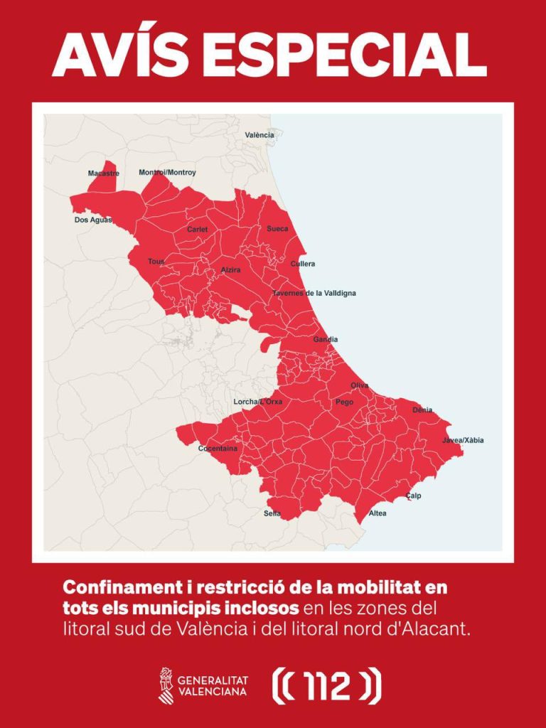 Generalitat Valenciana and 112 special notice map showing in red the municipalities of the southern Valencia coast and northern Alicante coast, including Dénia, Xàbia, Pego and Calp, under a confinement and mobility restriction order