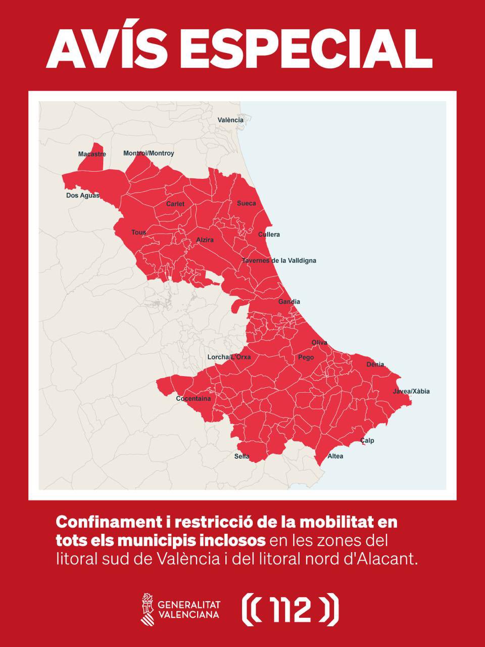 Generalitat Valenciana and 112 special notice map showing in red the municipalities of the southern Valencia coast and northern Alicante coast, including Dénia, Xàbia, Pego and Calp, under a confinement and mobility restriction order